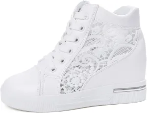 Walking Shoes for Women Platform Hidden Heels Sneakers Lace Up Chunky Bottom High Heels High Top Breathable Floral Shoes