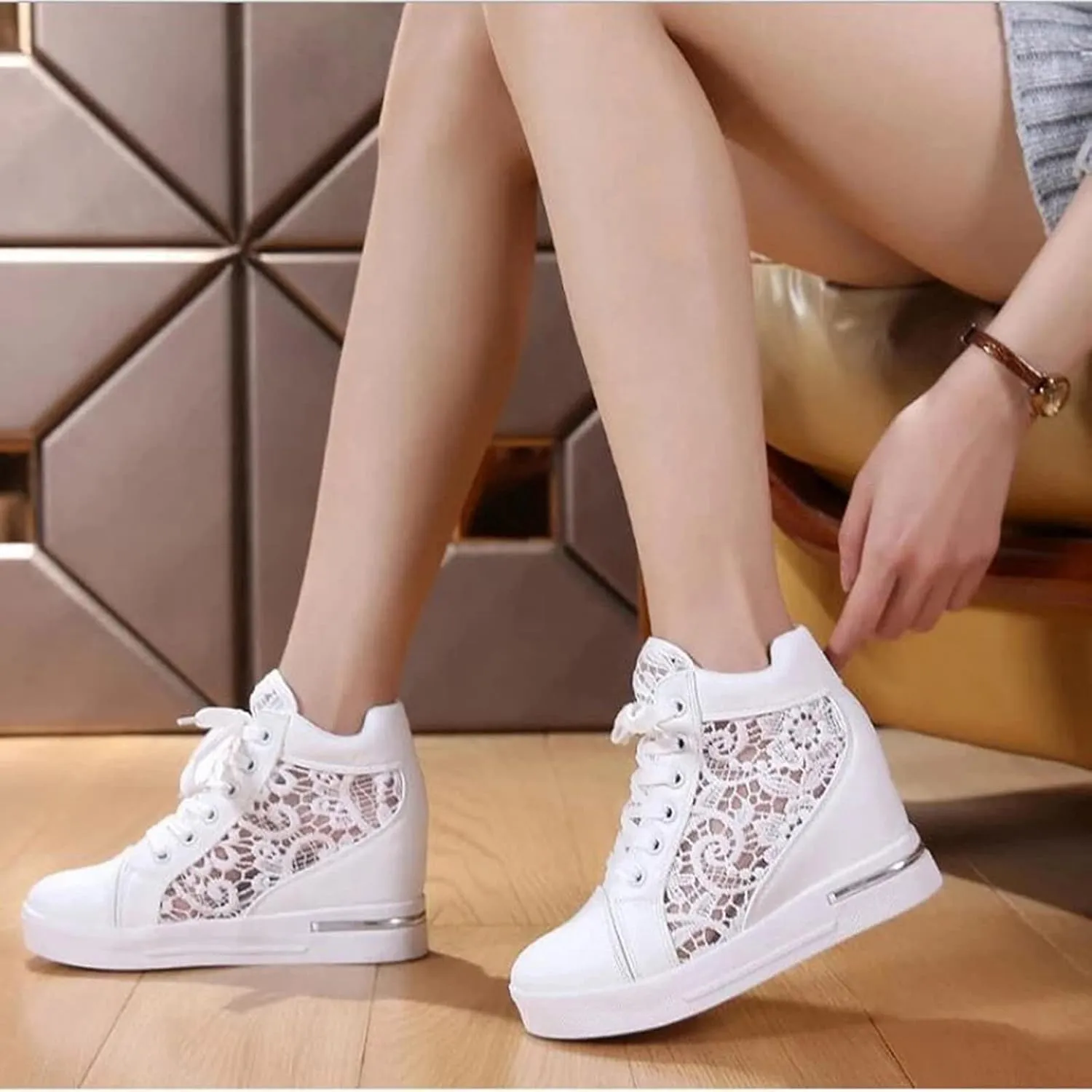 Walking Shoes for Women Platform Hidden Heels Sneakers Lace Up Chunky Bottom High Heels High Top Breathable Floral Shoes