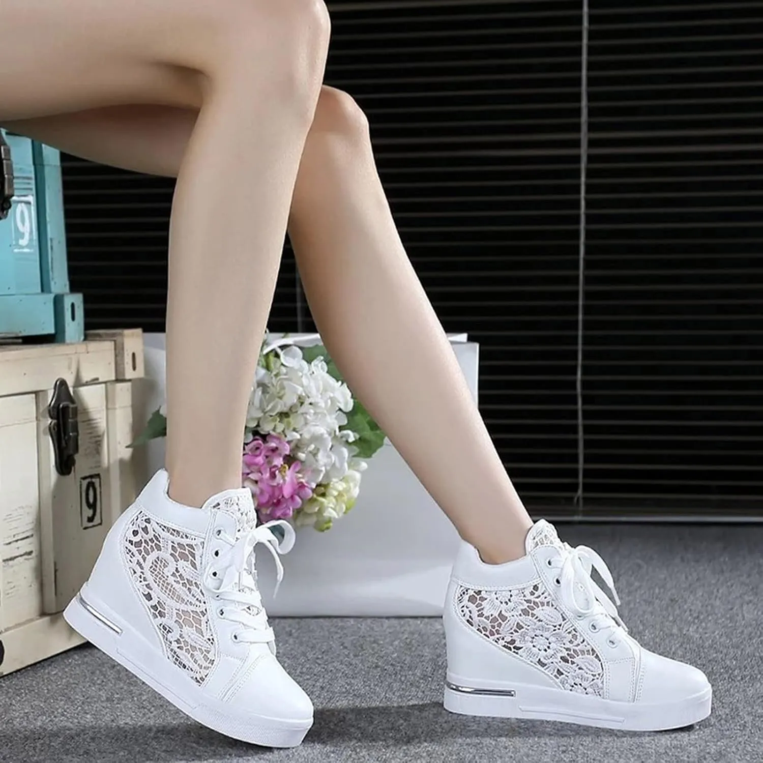 Walking Shoes for Women Platform Hidden Heels Sneakers Lace Up Chunky Bottom High Heels High Top Breathable Floral Shoes