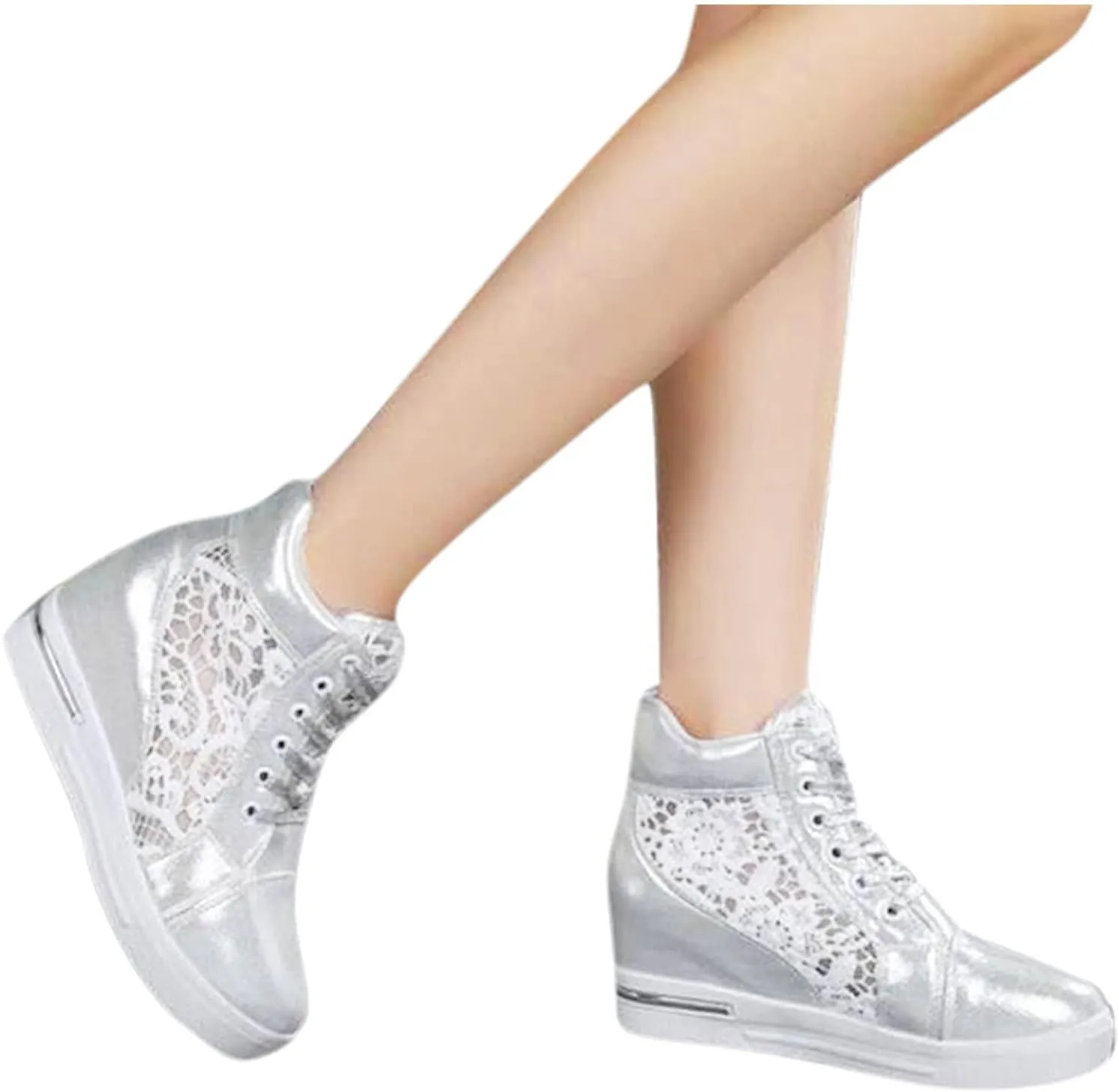 Walking Shoes for Women Platform Hidden Heels Sneakers Lace Up Chunky Bottom High Heels High Top Breathable Floral Shoes