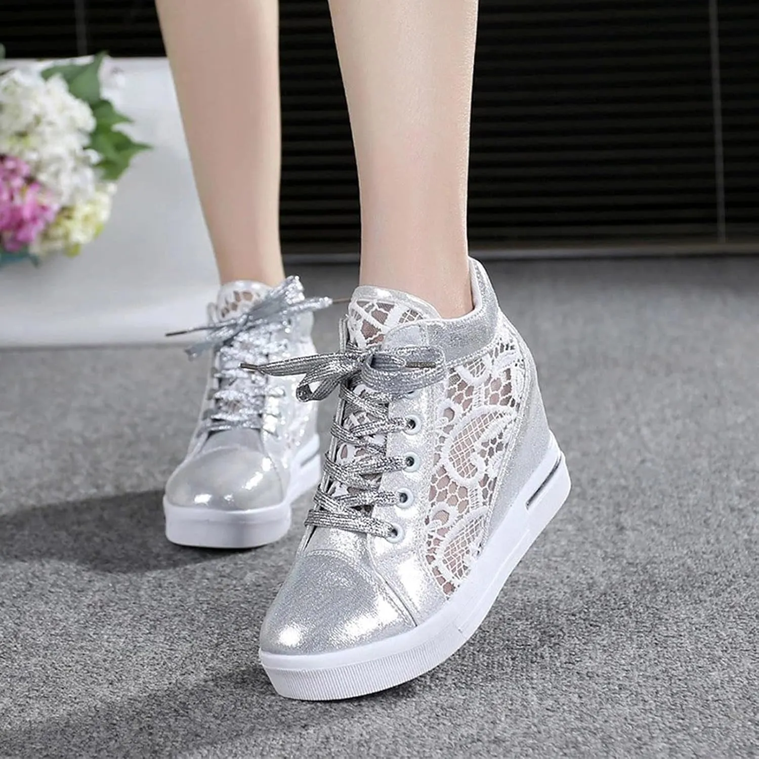 Walking Shoes for Women Platform Hidden Heels Sneakers Lace Up Chunky Bottom High Heels High Top Breathable Floral Shoes