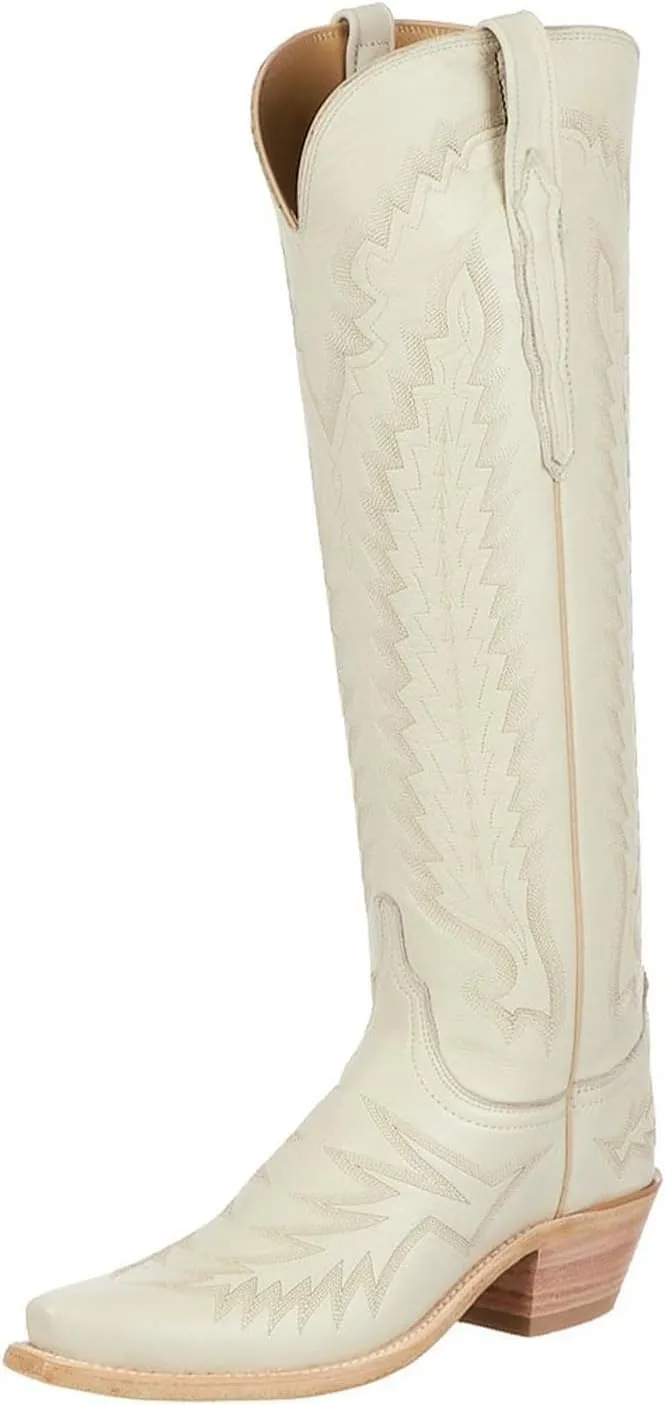 Western Boots Women, Knee High Cowboy Boots for Women Wide Calf Pointed Toe and Low Chunky Heel Cowgirl Boot with Classic Embroidered