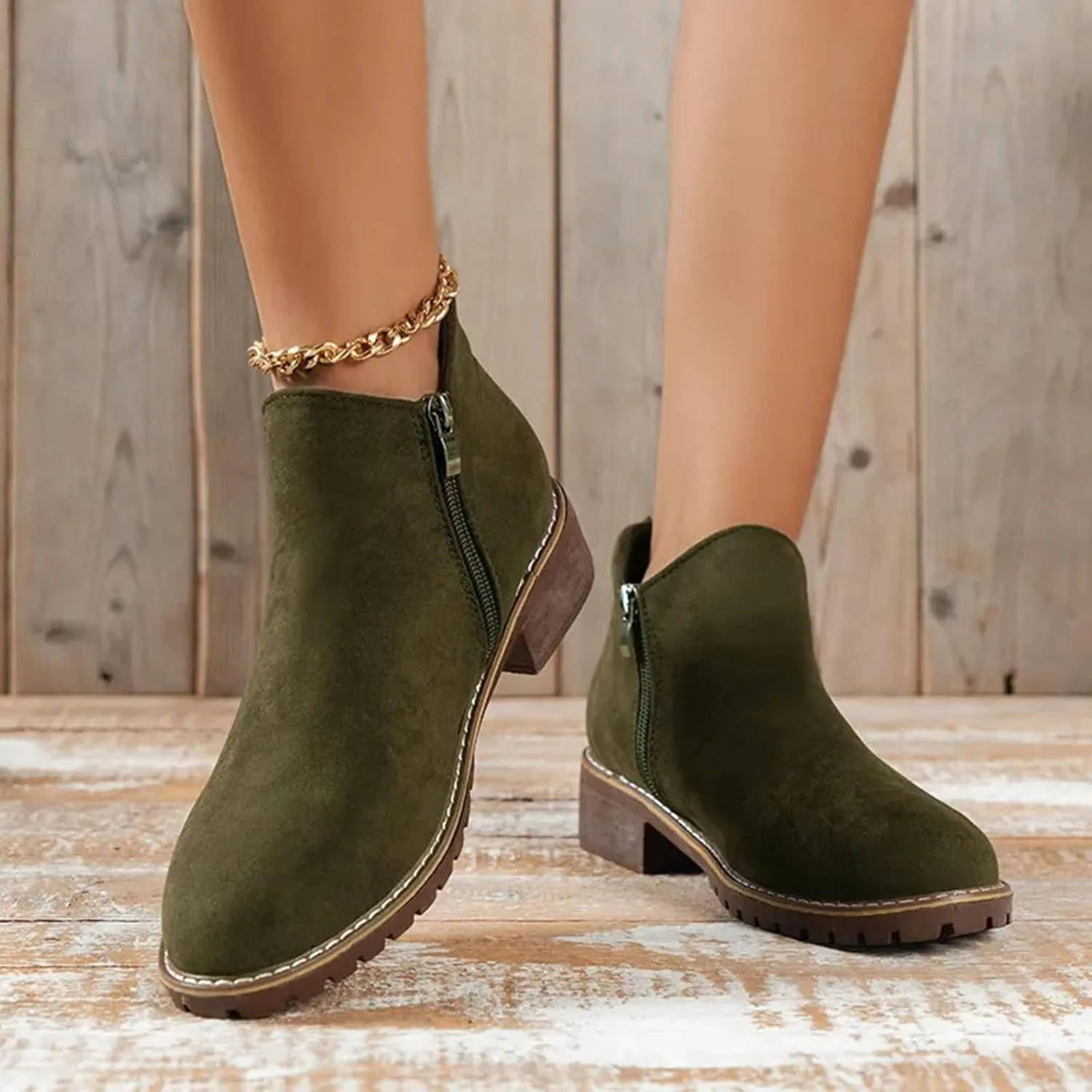 Women Casual Work Boots Chunky Heel Zipper Women Boots Comfortable Round Toe Ankle Comfortable Slip-On Lightweight
