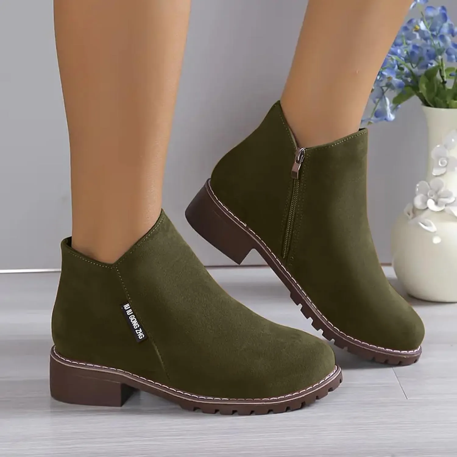 Women Casual Work Boots Chunky Heel Zipper Women Boots Comfortable Round Toe Ankle Comfortable Slip-On Lightweight