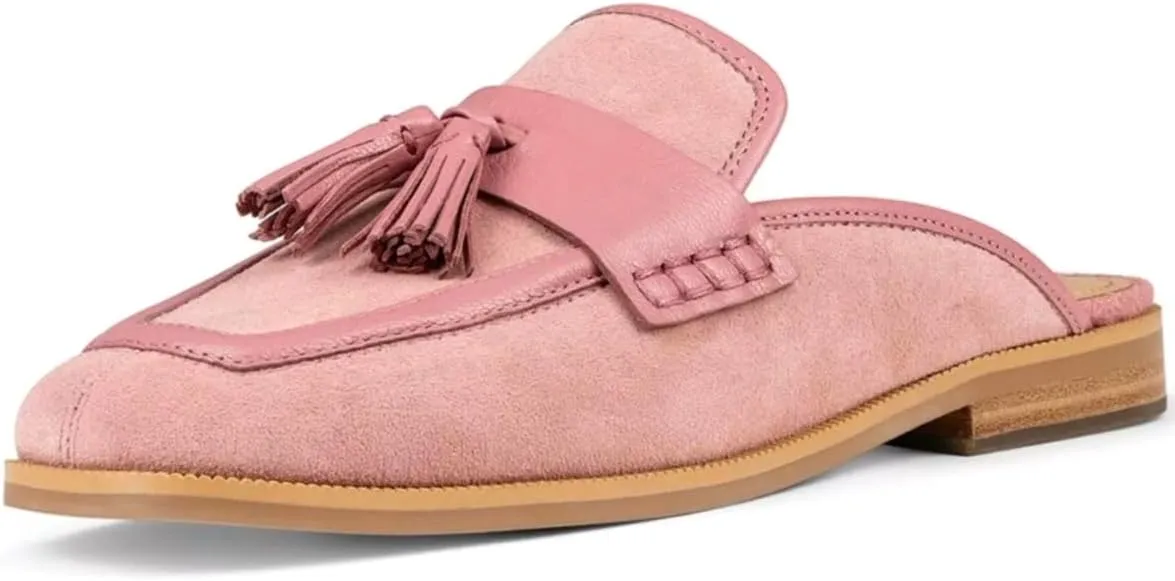 Women Flat Tassel Mules Suede Closed Square Toe Slip On Fringe Loafers Backless 0.5" Low Chunky Stacked Heeled Sandals Slip-Ons Clogs Comfy Slide Slippers Daily Weekend Homecoming 4-11 M US