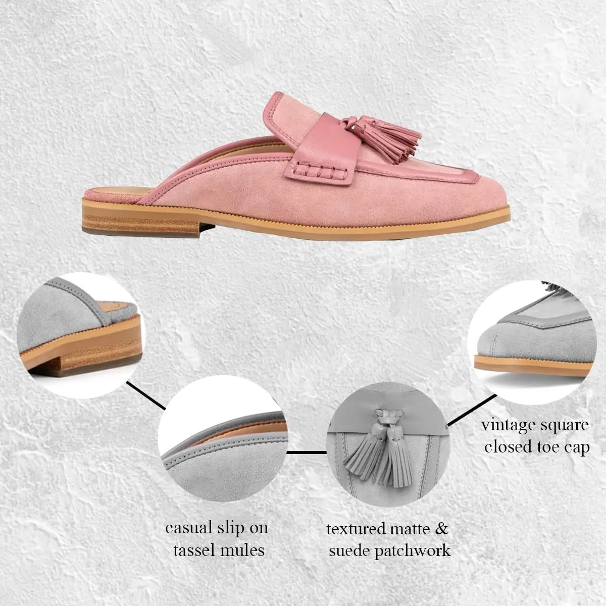 Women Flat Tassel Mules Suede Closed Square Toe Slip On Fringe Loafers Backless 0.5" Low Chunky Stacked Heeled Sandals Slip-Ons Clogs Comfy Slide Slippers Daily Weekend Homecoming 4-11 M US