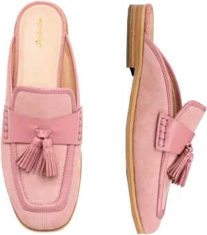 Women Flat Tassel Mules Suede Closed Square Toe Slip On Fringe Loafers Backless 0.5" Low Chunky Stacked Heeled Sandals Slip-Ons Clogs Comfy Slide Slippers Daily Weekend Homecoming 4-11 M US