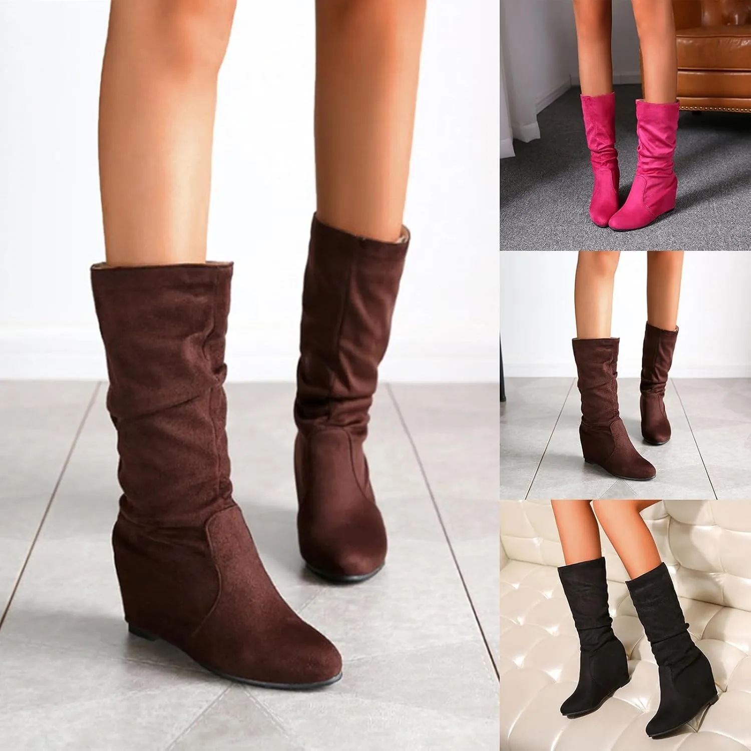 Women Mid Calf Boots Dressy Ankle Boots for Women Mid Calf Boots Flock Close Toe Mid Calf Slip on Casual Women Boots