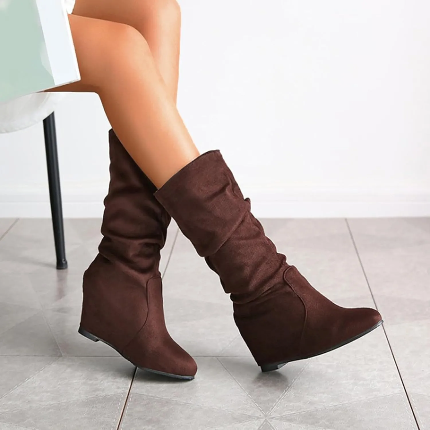 Women Mid Calf Boots Dressy Ankle Boots for Women Mid Calf Boots Flock Close Toe Mid Calf Slip on Casual Women Boots