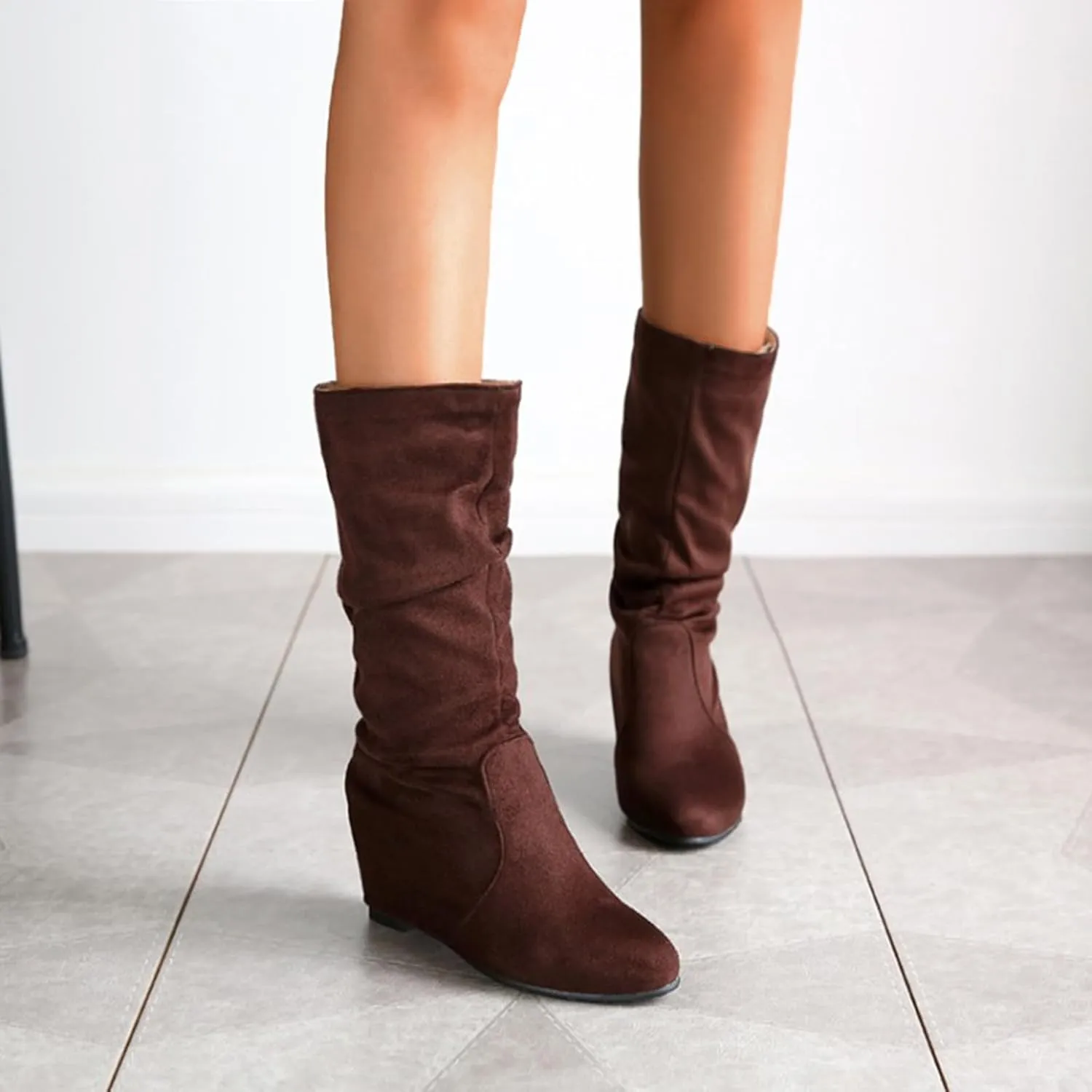 Women Mid Calf Boots Dressy Ankle Boots for Women Mid Calf Boots Flock Close Toe Mid Calf Slip on Casual Women Boots