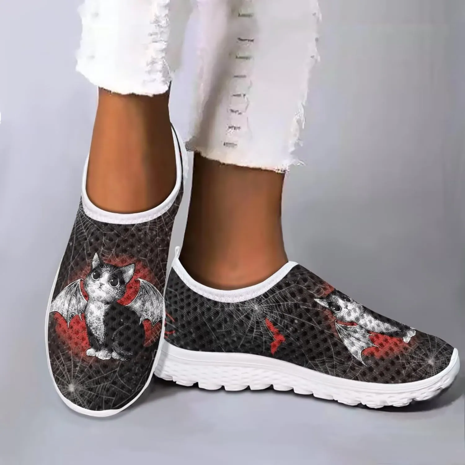 Women Slip on Mesh Walking Shoes Halloween Print Wide Width Mesh Sneaker with Arch Support