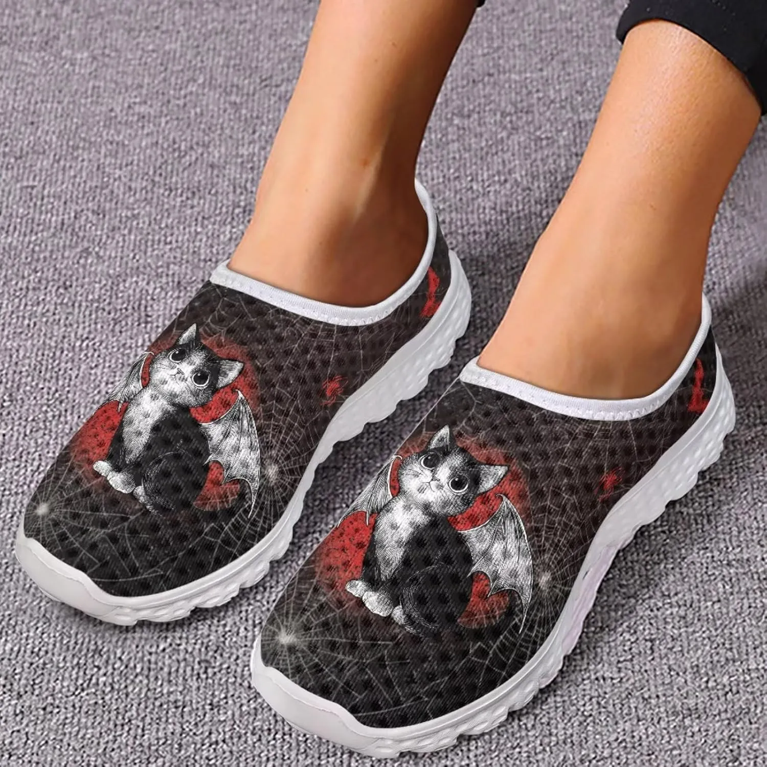 Women Slip on Mesh Walking Shoes Halloween Print Wide Width Mesh Sneaker with Arch Support