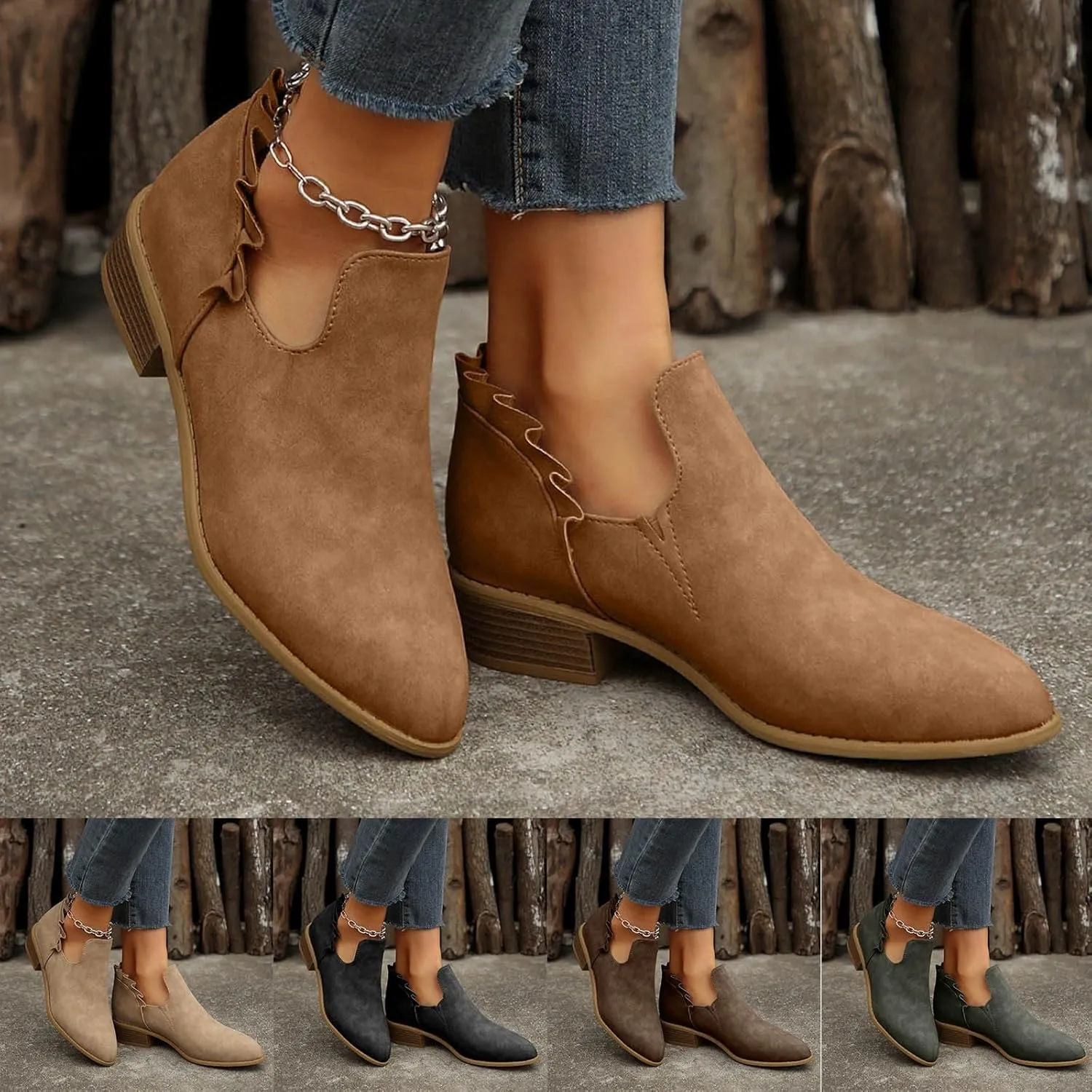 Womens Ankle Boots Low Heel Chelsea Boots Women Women's Ankle Boot Pointed Toe Pull on Fashion Riding Boots For Women