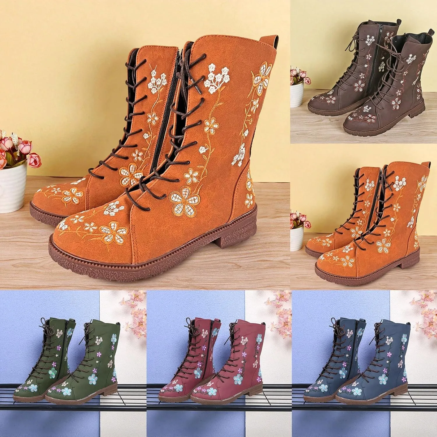 Womens Ankle Boots Western Boots Women Ladies Fashion Embroidered Mid Boots Women's Casual Chunky Heels Women's Boots