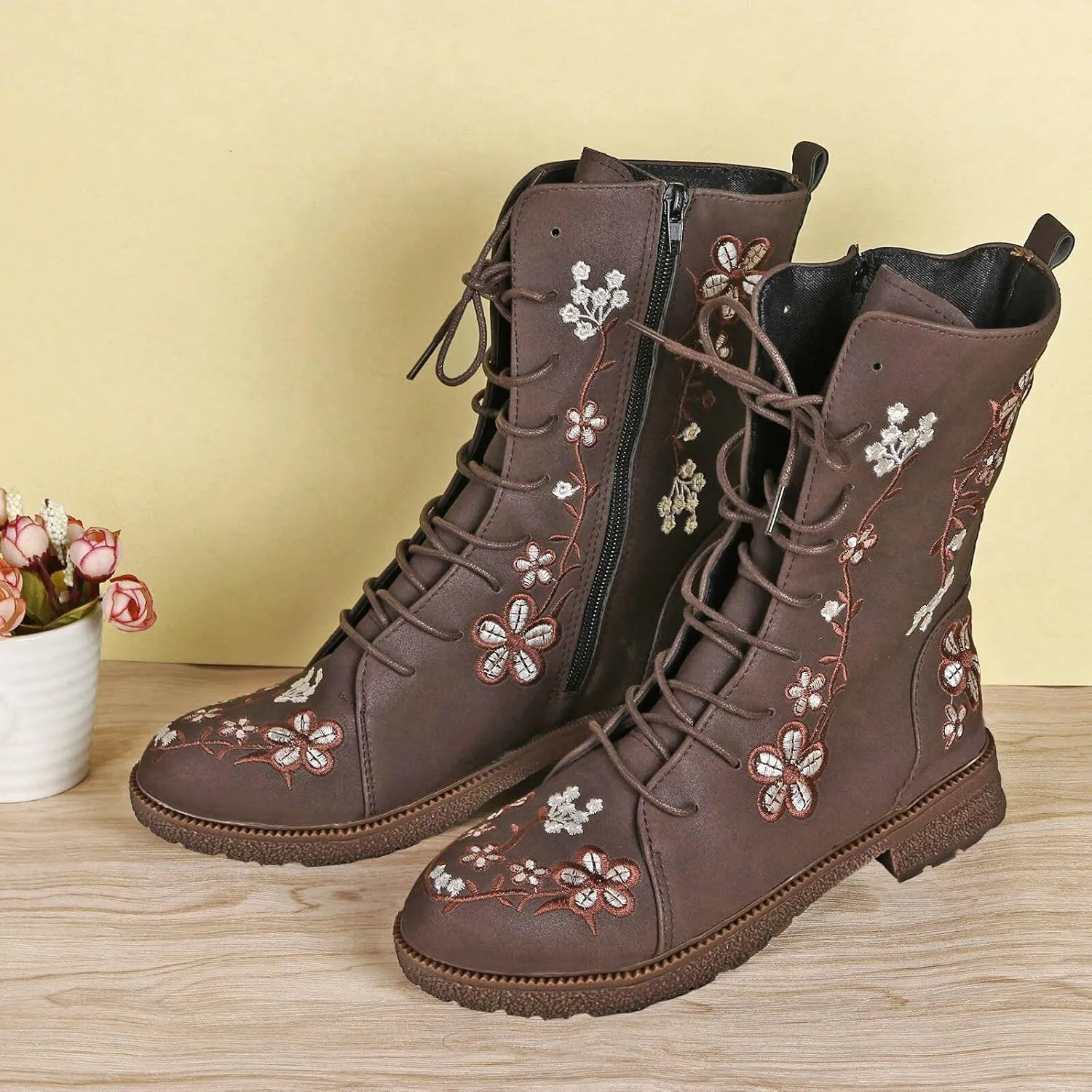 Womens Ankle Boots Western Boots Women Ladies Fashion Embroidered Mid Boots Women's Casual Chunky Heels Women's Boots