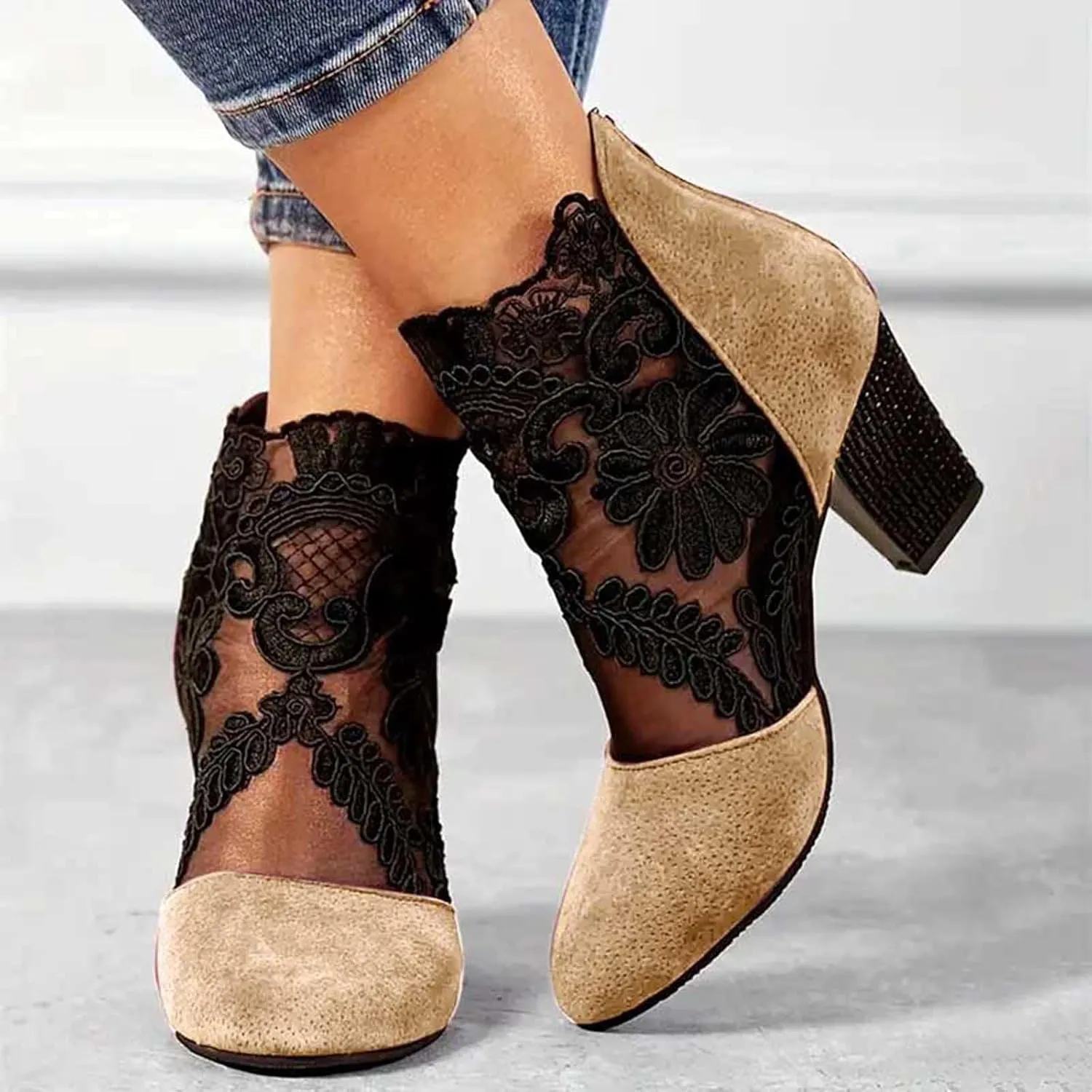 Womens Cowboy Boots Comfortable Chunky High Heel Round Toe Boots for Women Ankle Breathable Lace Short Cowgirl Boots