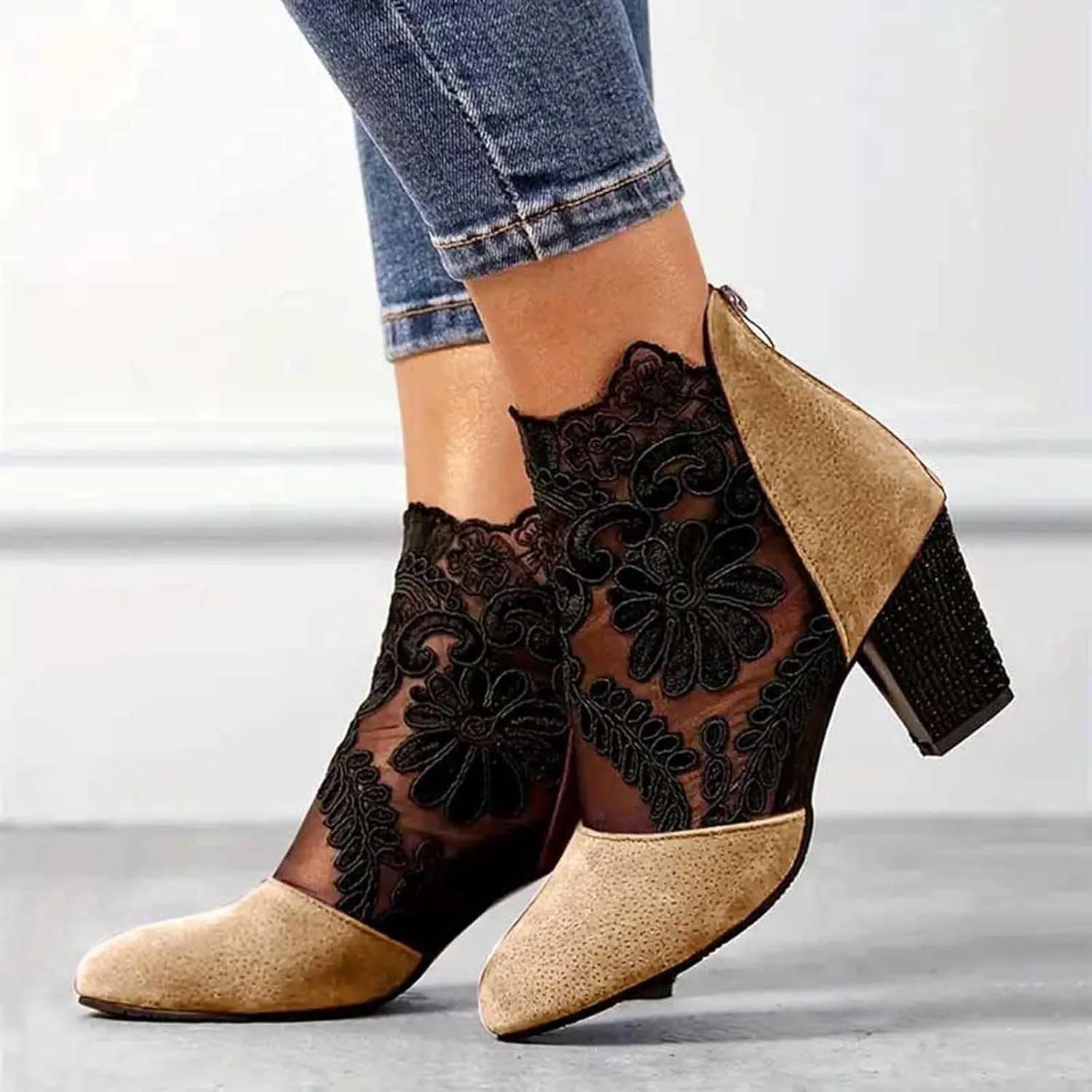 Womens Cowboy Boots Comfortable Chunky High Heel Round Toe Boots for Women Ankle Breathable Lace Short Cowgirl Boots