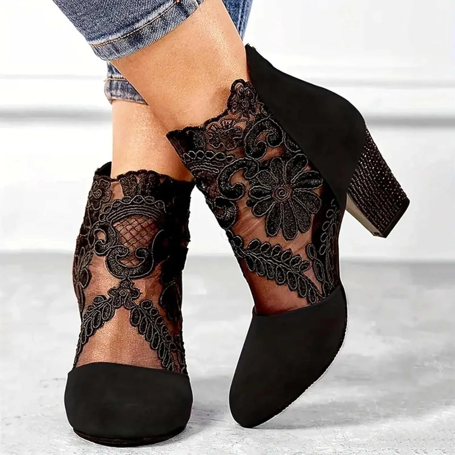 Womens Cowboy Boots Comfortable Chunky High Heel Round Toe Boots for Women Ankle Breathable Lace Short Cowgirl Boots