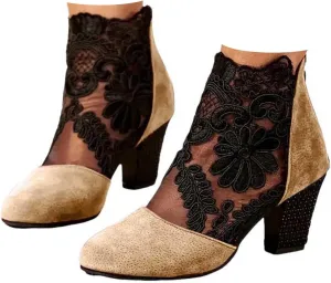 Womens Cowboy Boots Comfortable Chunky High Heel Round Toe Boots for Women Ankle Breathable Lace Short Cowgirl Boots