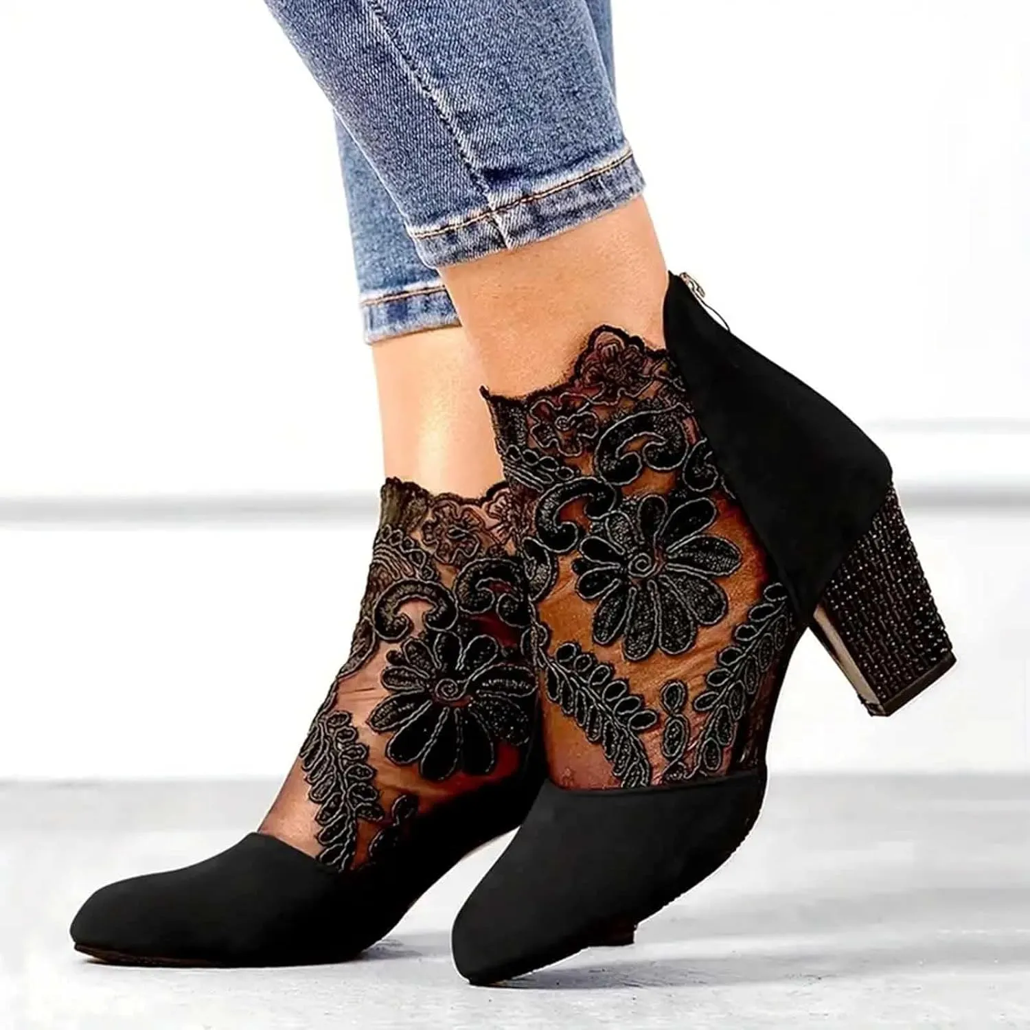 Womens Cowboy Boots Comfortable Chunky High Heel Round Toe Boots for Women Ankle Breathable Lace Short Cowgirl Boots