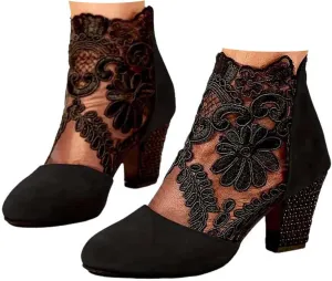 Womens Cowboy Boots Comfortable Chunky High Heel Round Toe Boots for Women Ankle Breathable Lace Short Cowgirl Boots