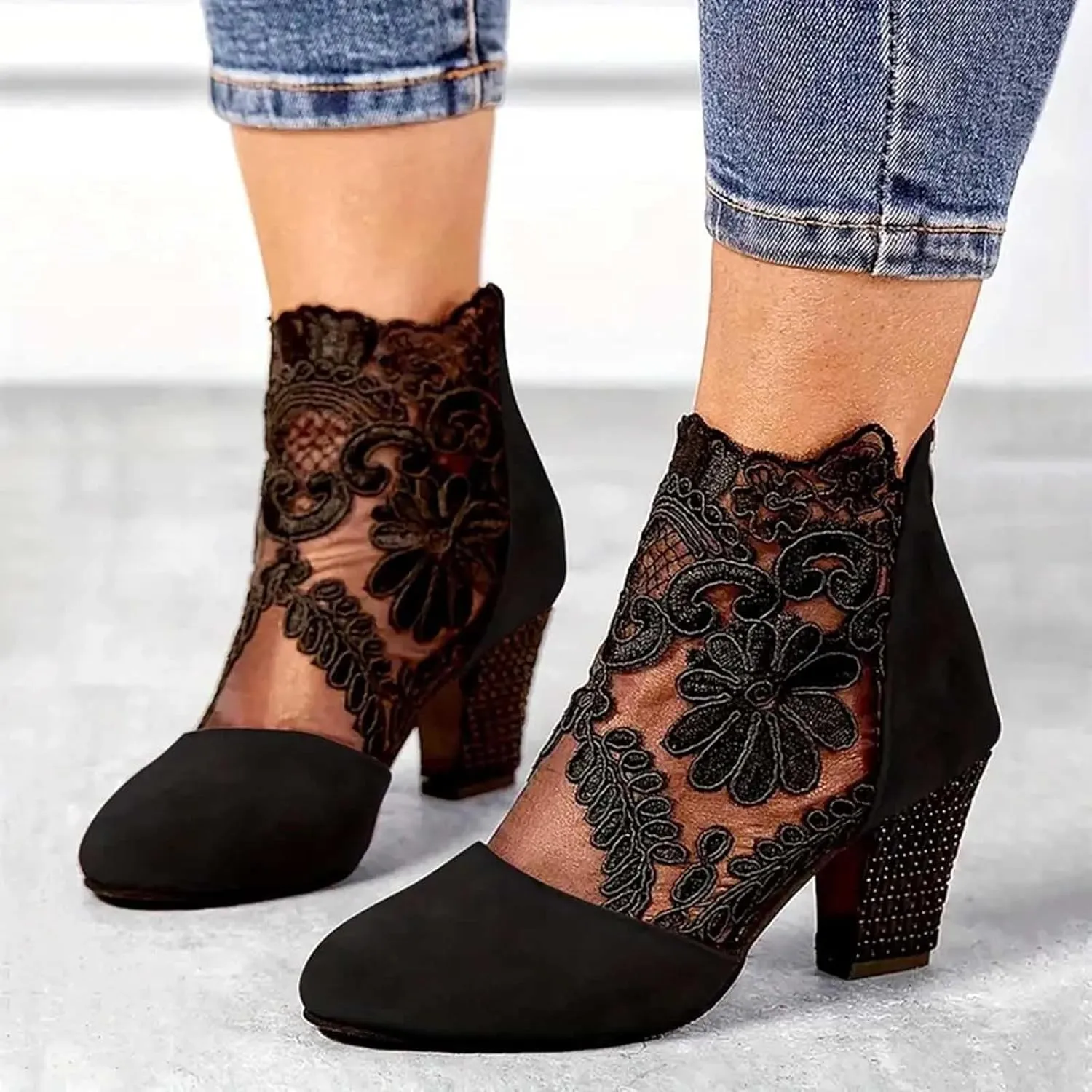 Womens Cowboy Boots Comfortable Chunky High Heel Round Toe Boots for Women Ankle Breathable Lace Short Cowgirl Boots