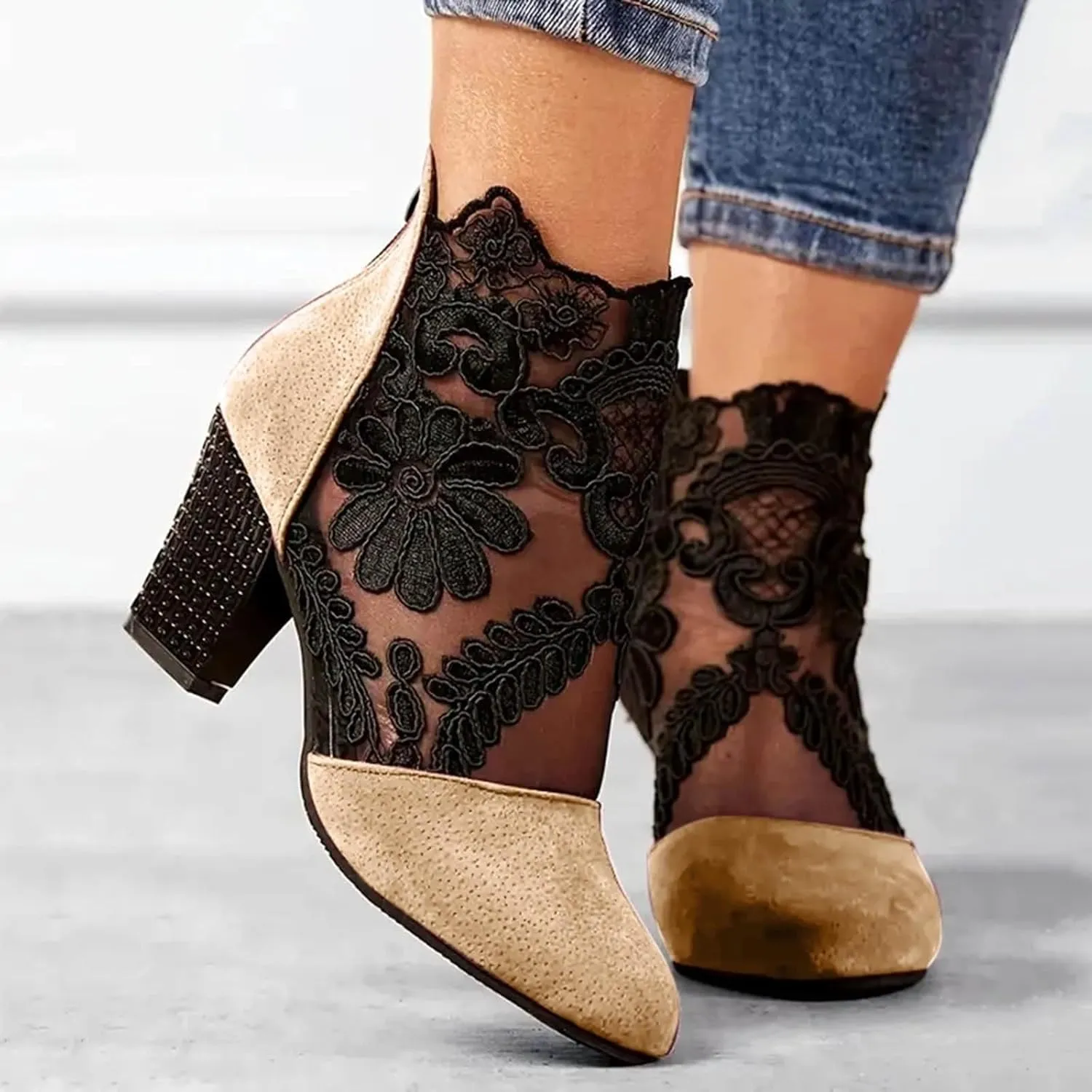 Womens Cowboy Boots Comfortable Chunky High Heel Round Toe Boots for Women Ankle Breathable Lace Short Cowgirl Boots