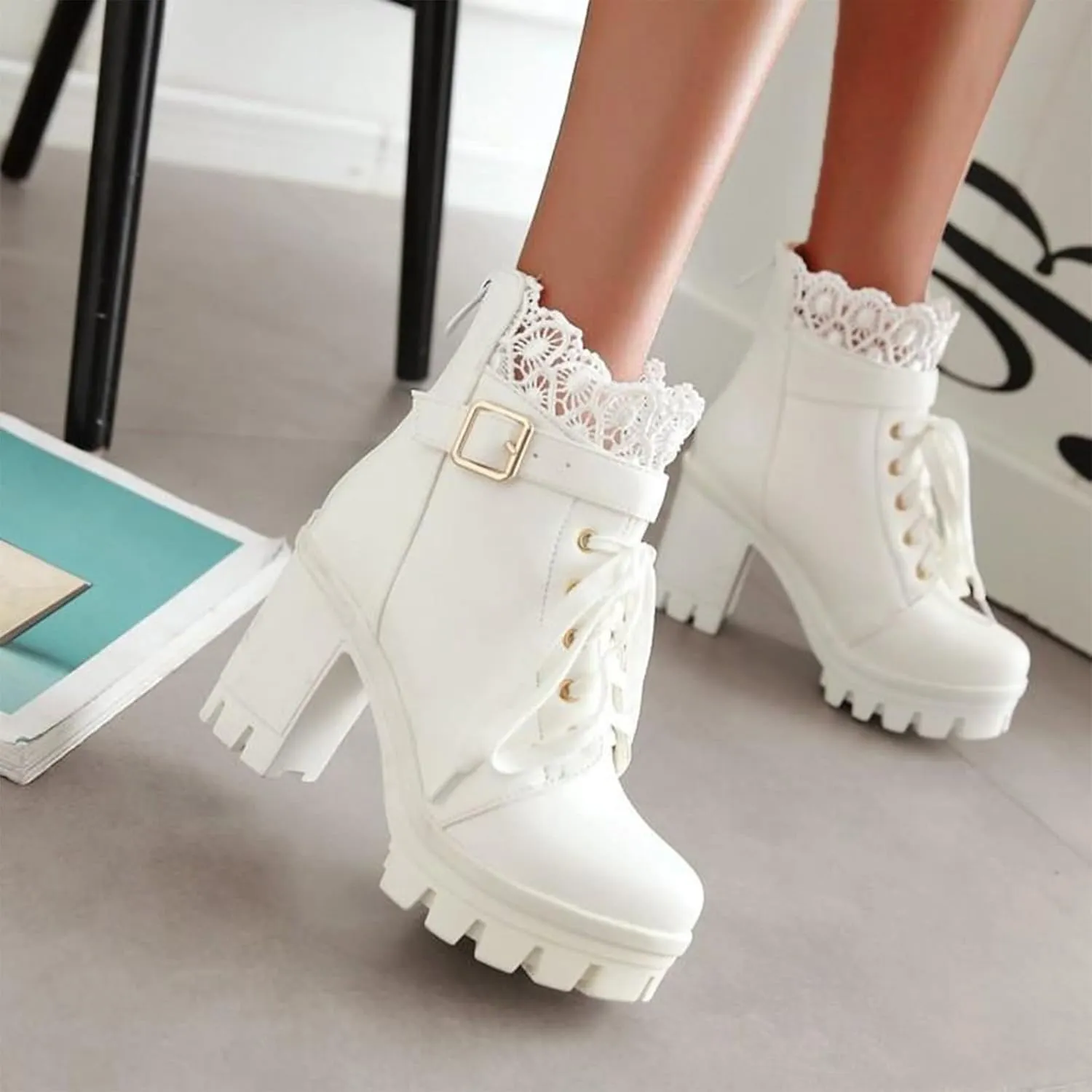 Women's Lug Sole Combat Ankle Bootie Lace up Low Chunky Block Boots Fashion Causal Shoes Cowboy Knee High Chukka Chelsea