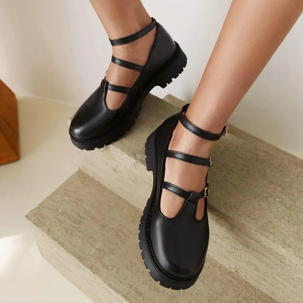 Women's Mary Jane Flats Oxford Shoes Vintage Round Toe Buckle T-Strap Low Heel Girls Oxfords Dress Shoe