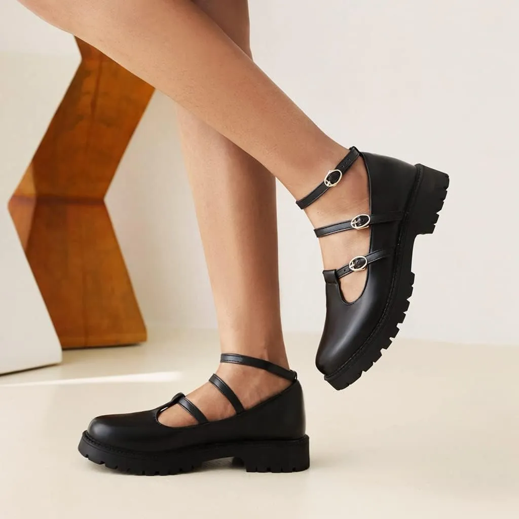 Women's Mary Jane Flats Oxford Shoes Vintage Round Toe Buckle T-Strap Low Heel Girls Oxfords Dress Shoe