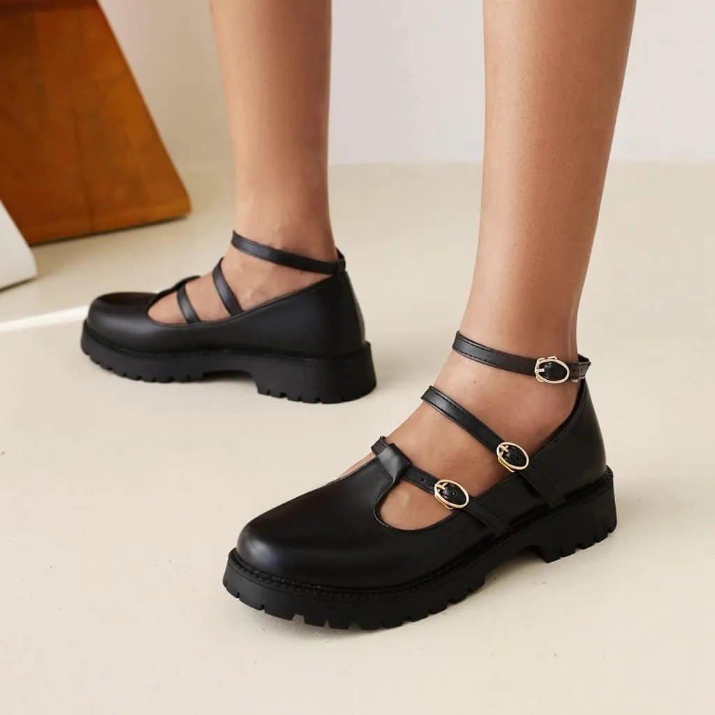 Women's Mary Jane Flats Oxford Shoes Vintage Round Toe Buckle T-Strap Low Heel Girls Oxfords Dress Shoe