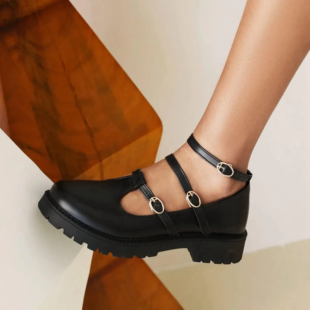 Women's Mary Jane Flats Oxford Shoes Vintage Round Toe Buckle T-Strap Low Heel Girls Oxfords Dress Shoe