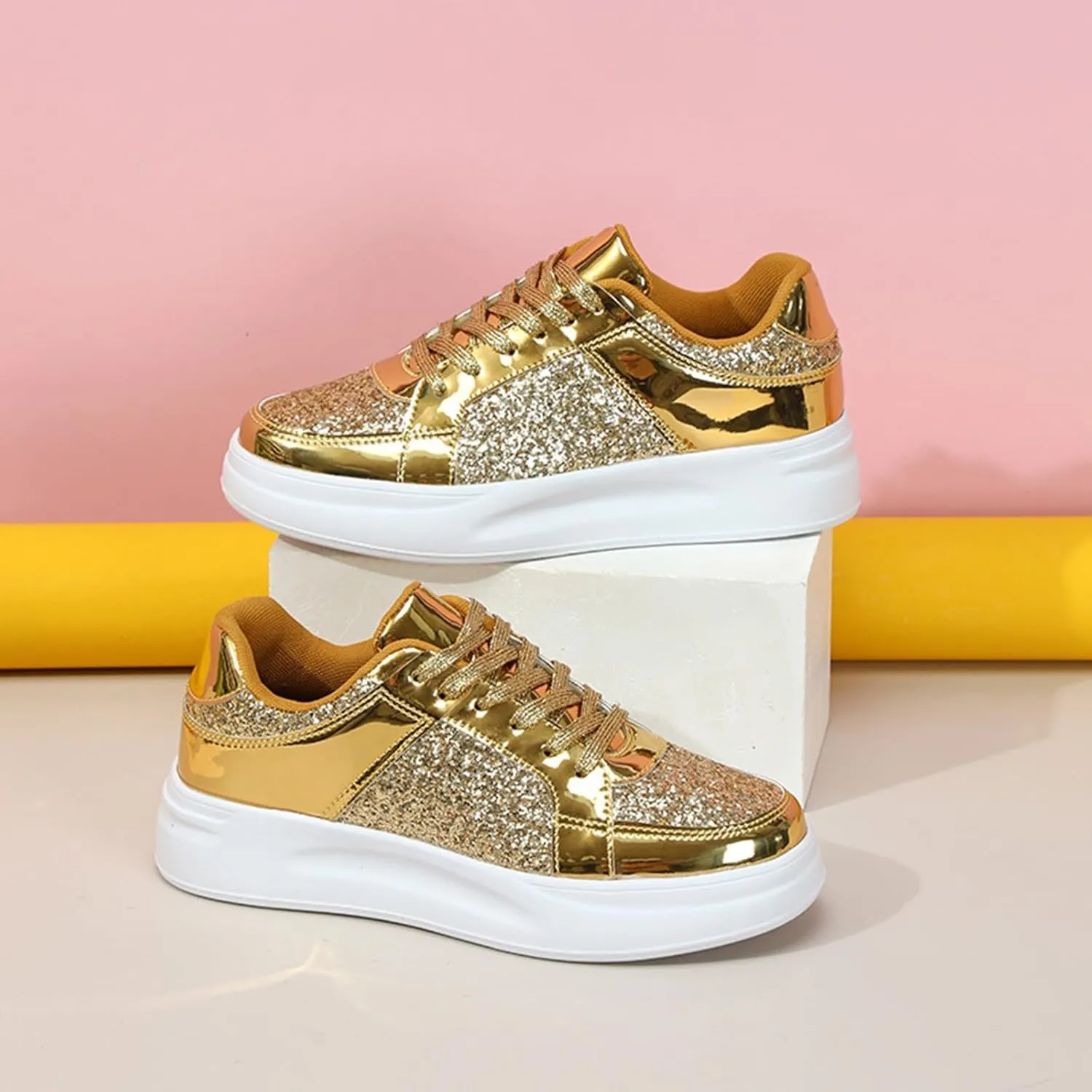 Women's Platform Glitter Fashion Sneakers Dressy Sparkly Tennis Shoes Lace up Bling Wedding Bridal Shoes Shiny Sequin Shoes (b-Gold, 10.5)