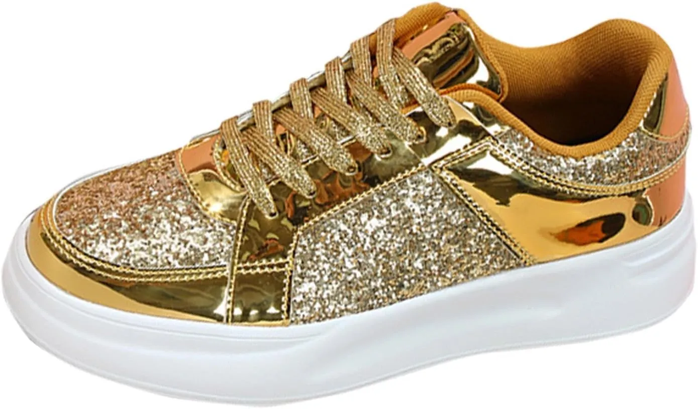 Women's Platform Glitter Fashion Sneakers Dressy Sparkly Tennis Shoes Lace up Bling Wedding Bridal Shoes Shiny Sequin Shoes (b-Gold, 10.5)