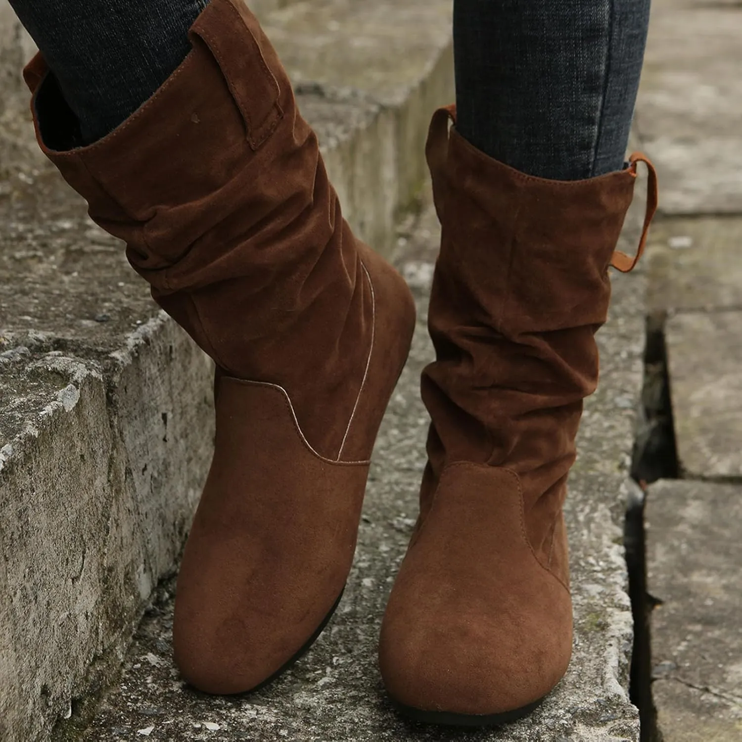 Women's Suede Slouchy Leather Boots Vintage Ruched Pull on Flat Heel Ankle Boots 2023 Fall Winter Fashion Booties