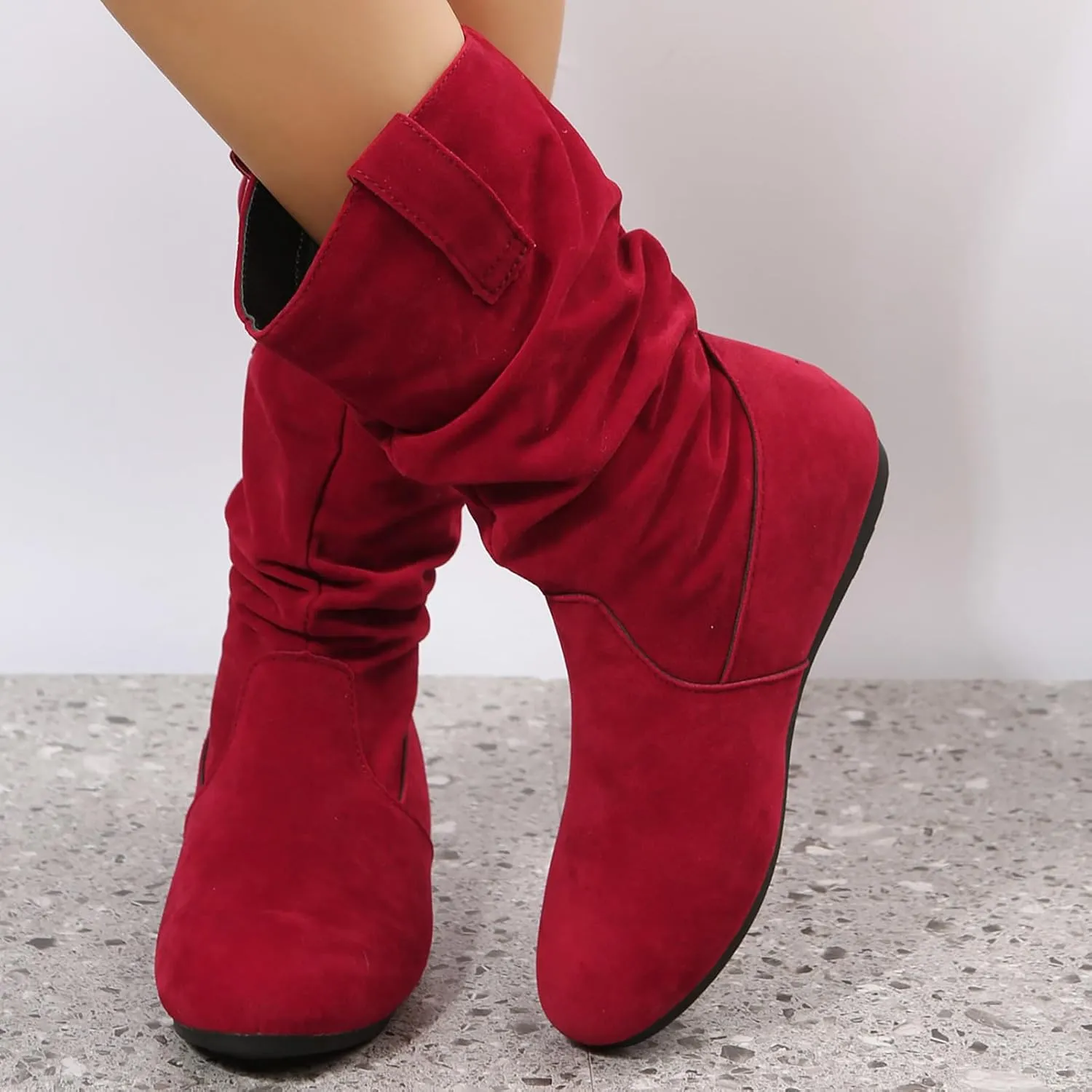 Women's Suede Slouchy Leather Boots Vintage Ruched Pull on Flat Heel Ankle Boots 2023 Fall Winter Fashion Booties