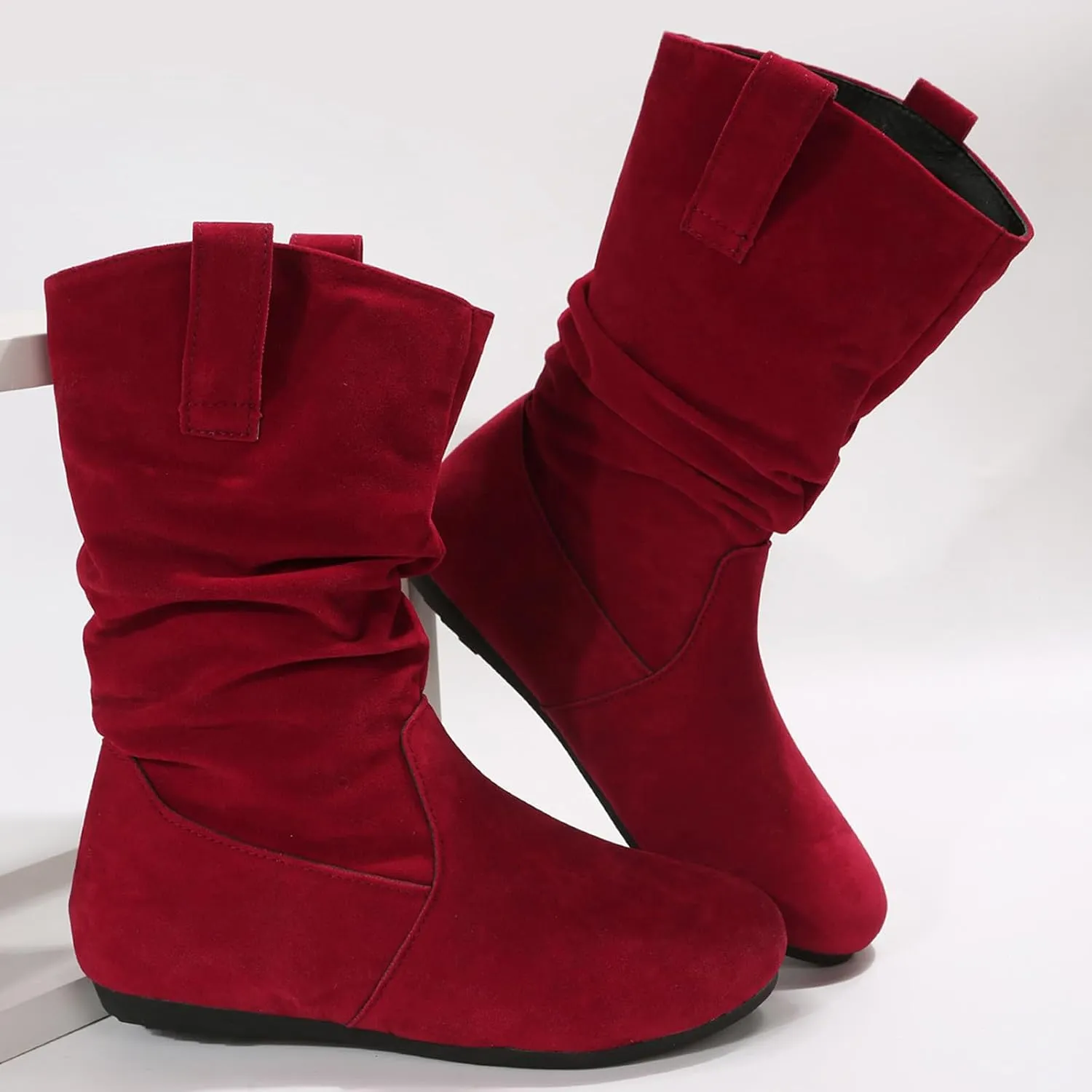 Women's Suede Slouchy Leather Boots Vintage Ruched Pull on Flat Heel Ankle Boots 2023 Fall Winter Fashion Booties