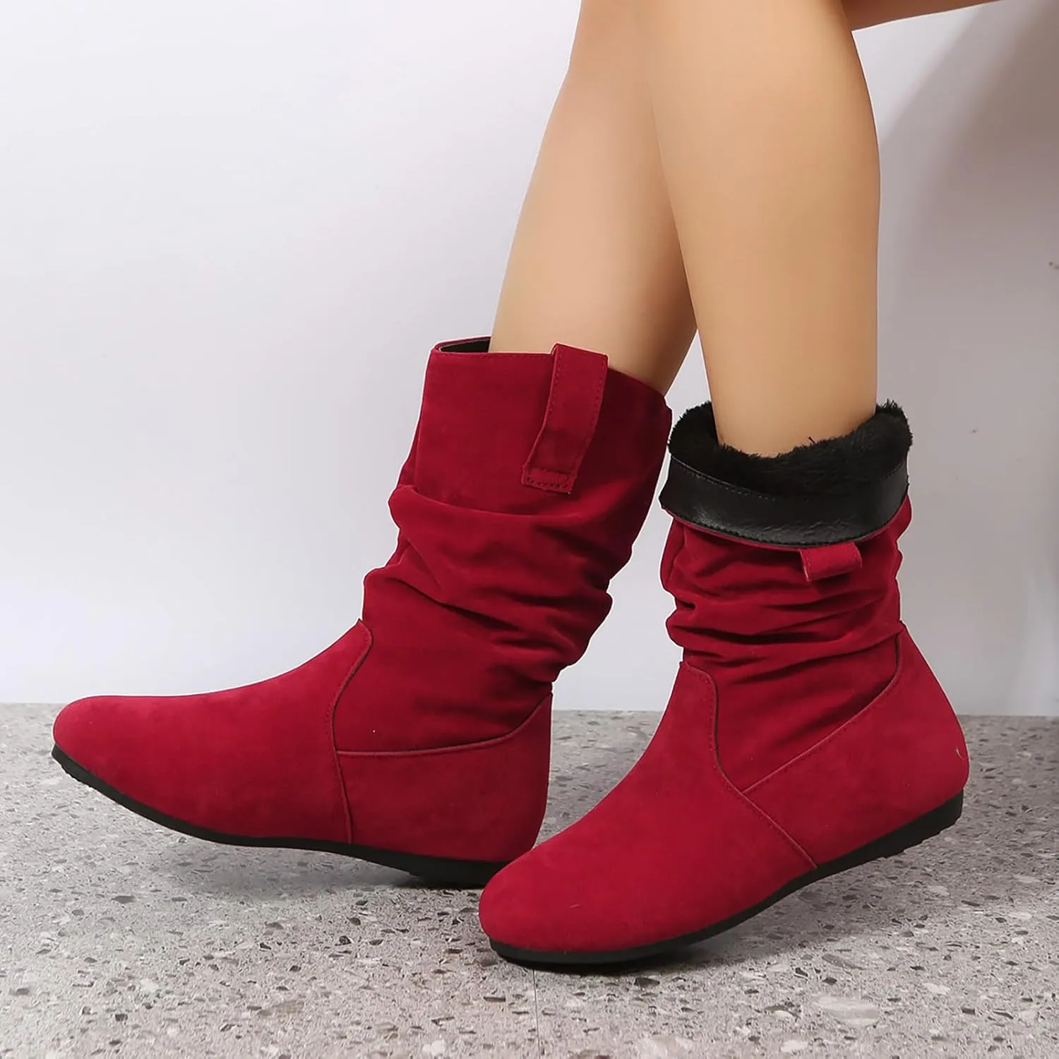 Women's Suede Slouchy Leather Boots Vintage Ruched Pull on Flat Heel Ankle Boots 2023 Fall Winter Fashion Booties