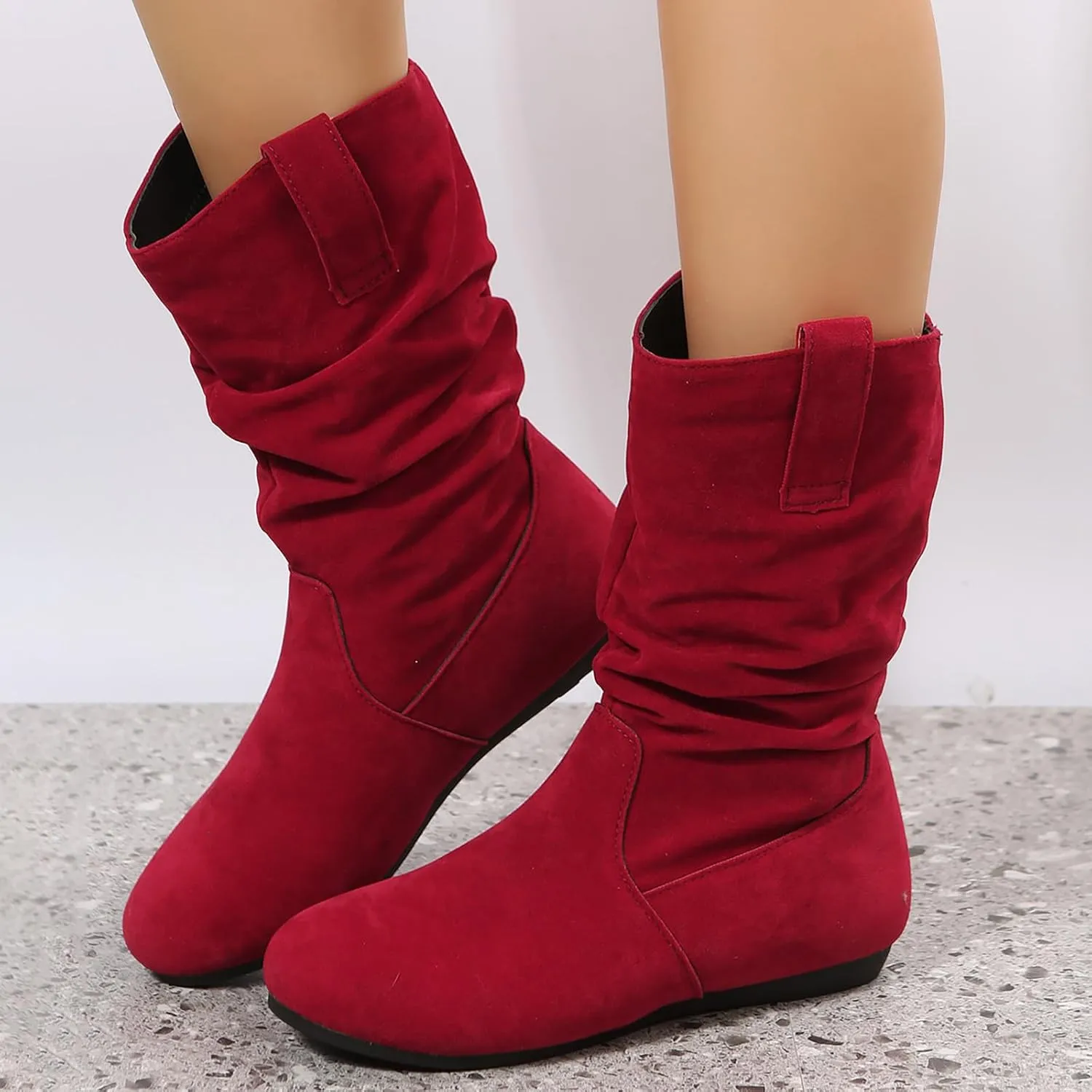 Women's Suede Slouchy Leather Boots Vintage Ruched Pull on Flat Heel Ankle Boots 2023 Fall Winter Fashion Booties
